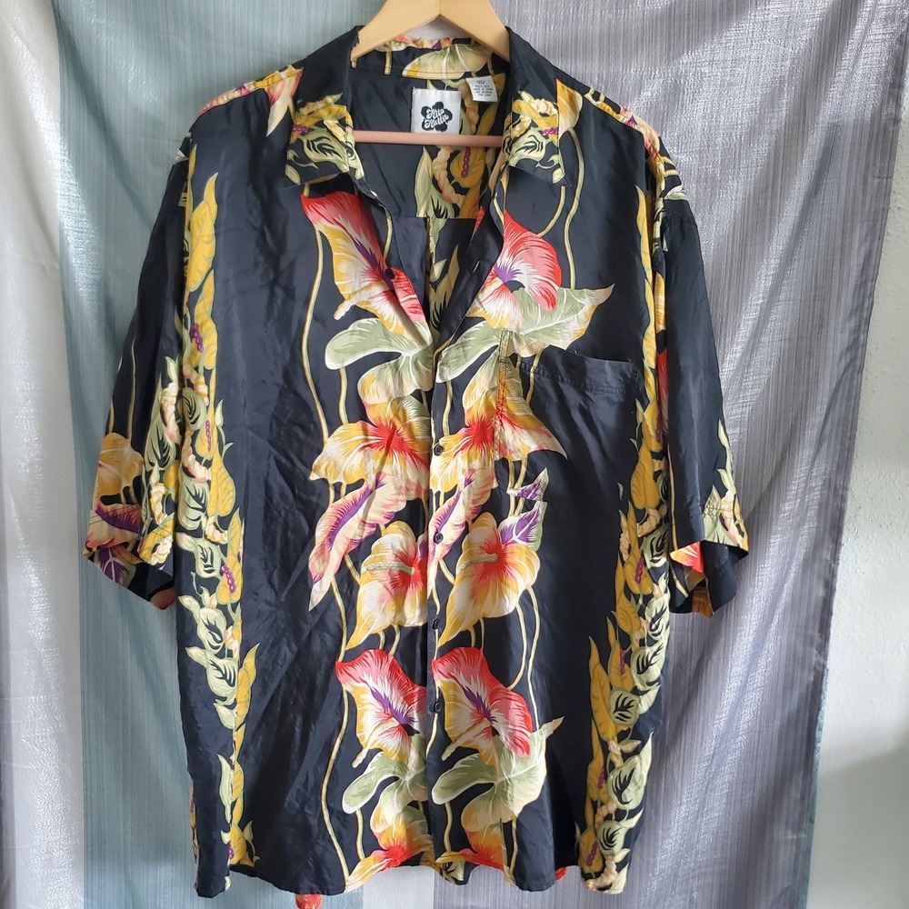 Hilo Hattie Men XL Black 100% Silk Floral Hibiscus Hawaiian Aloha Shirt Vacation